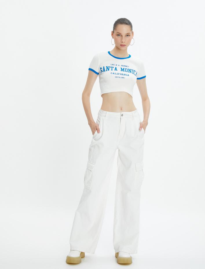  Crop Kolej Tişört Kısa Kollu Bisiklet Yaka Biyeli Pamuklu