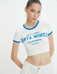 Crop Kolej Tişört Kısa Kollu Bisiklet Yaka Biyeli Pamuklu