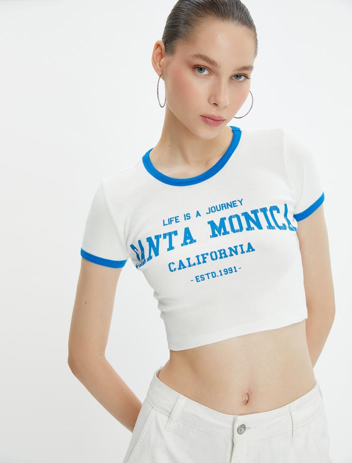  Crop Kolej Tişört Kısa Kollu Bisiklet Yaka Biyeli Pamuklu