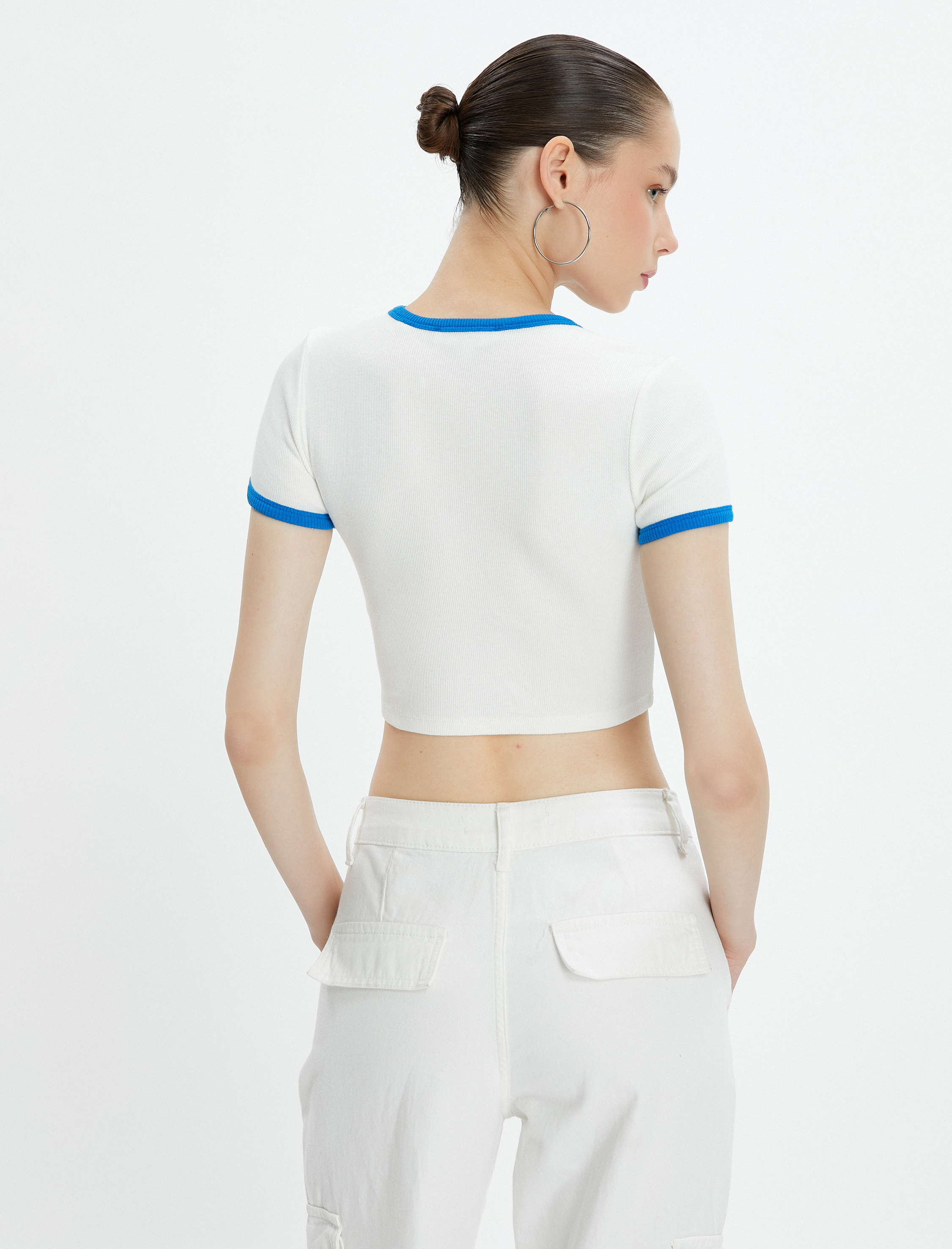   Crop Kolej Tişört Kısa Kollu Bisiklet Yaka Biyeli Pamuklu