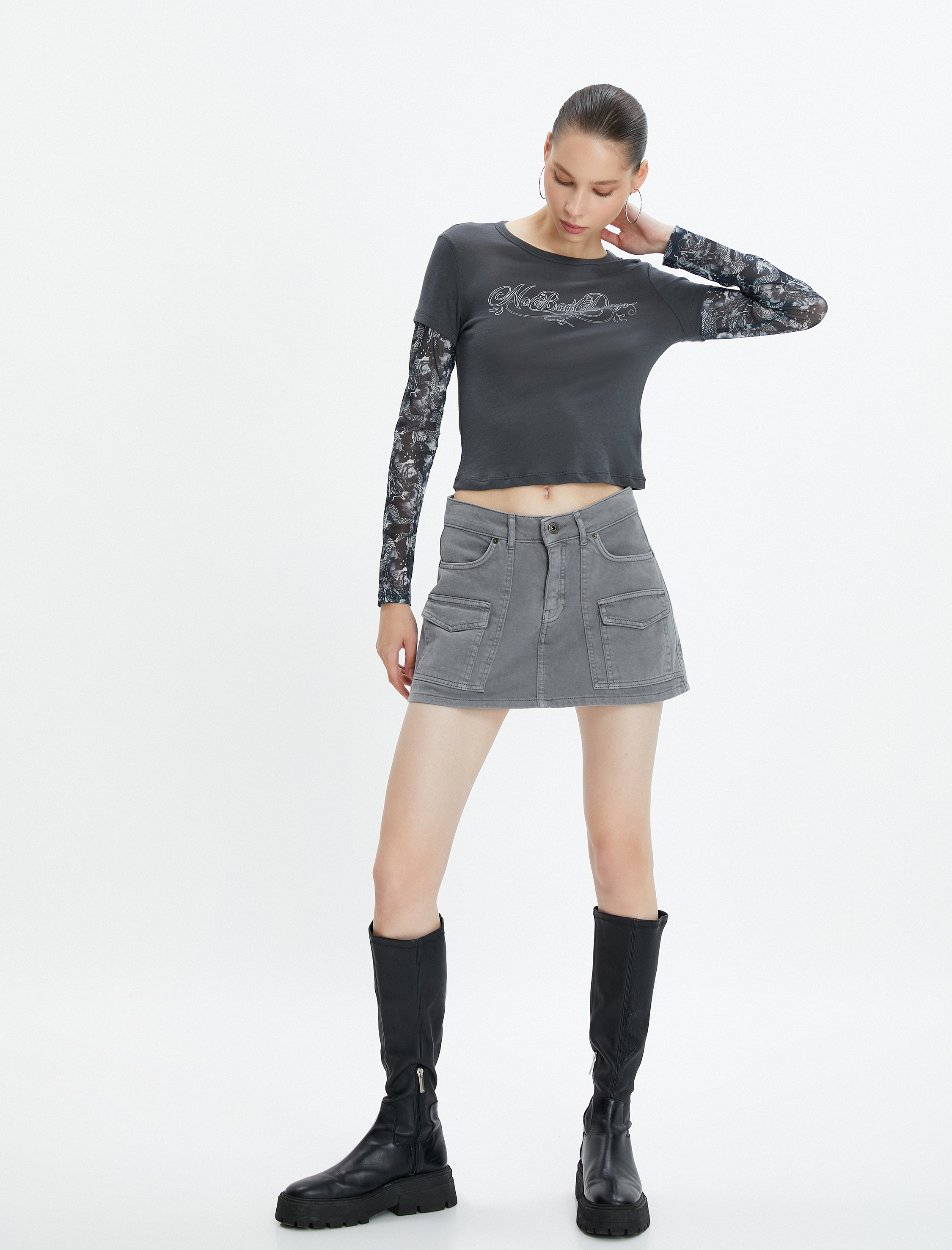   Tişört Çift Katmanlı Baskılı Uzun Kollu Gotik Temalı Baskılı Pamuklu Yıkamalı