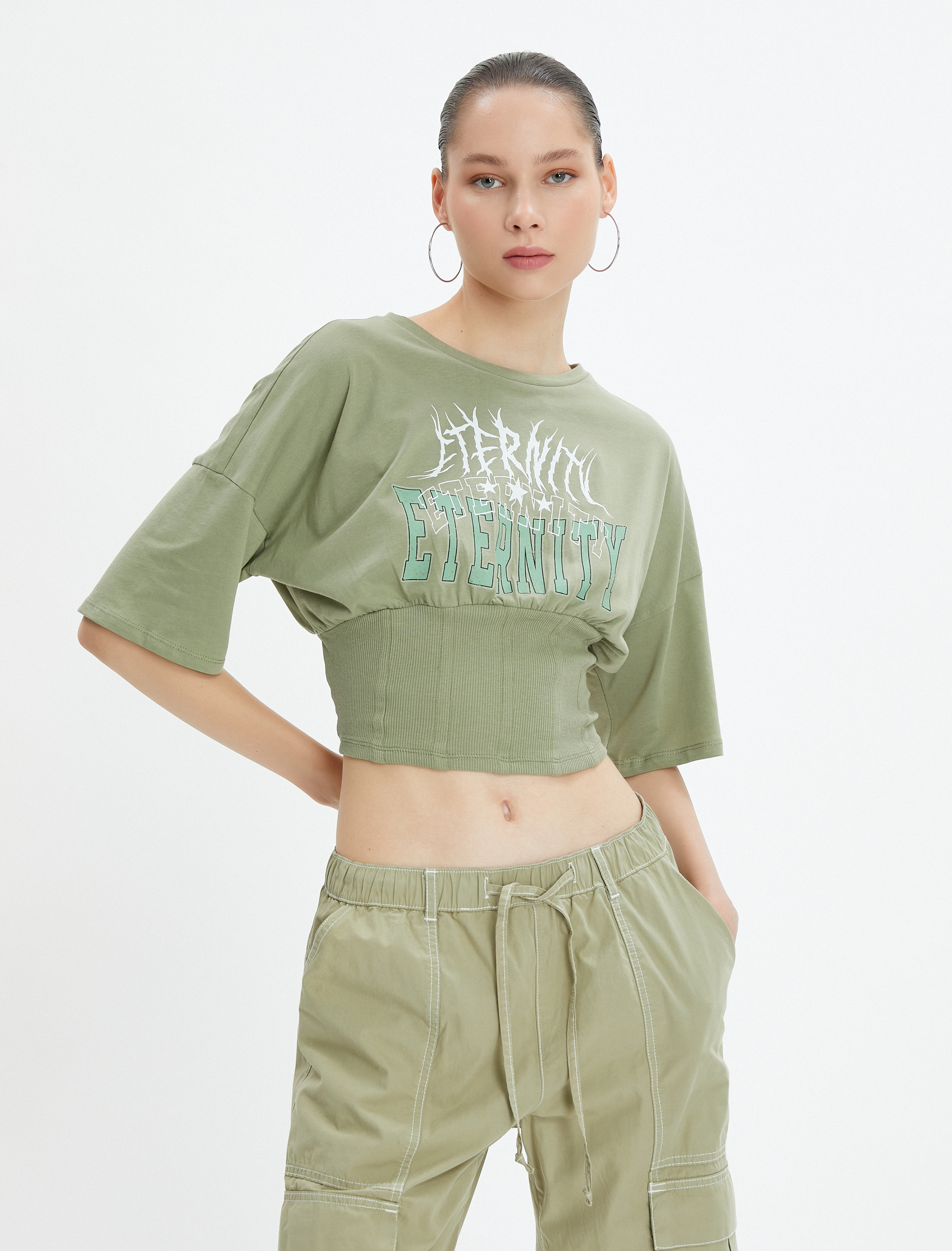   Korse Detaylı Tişört Kısa Kollu Bisiklet Yaka Pamuklu Baskılı