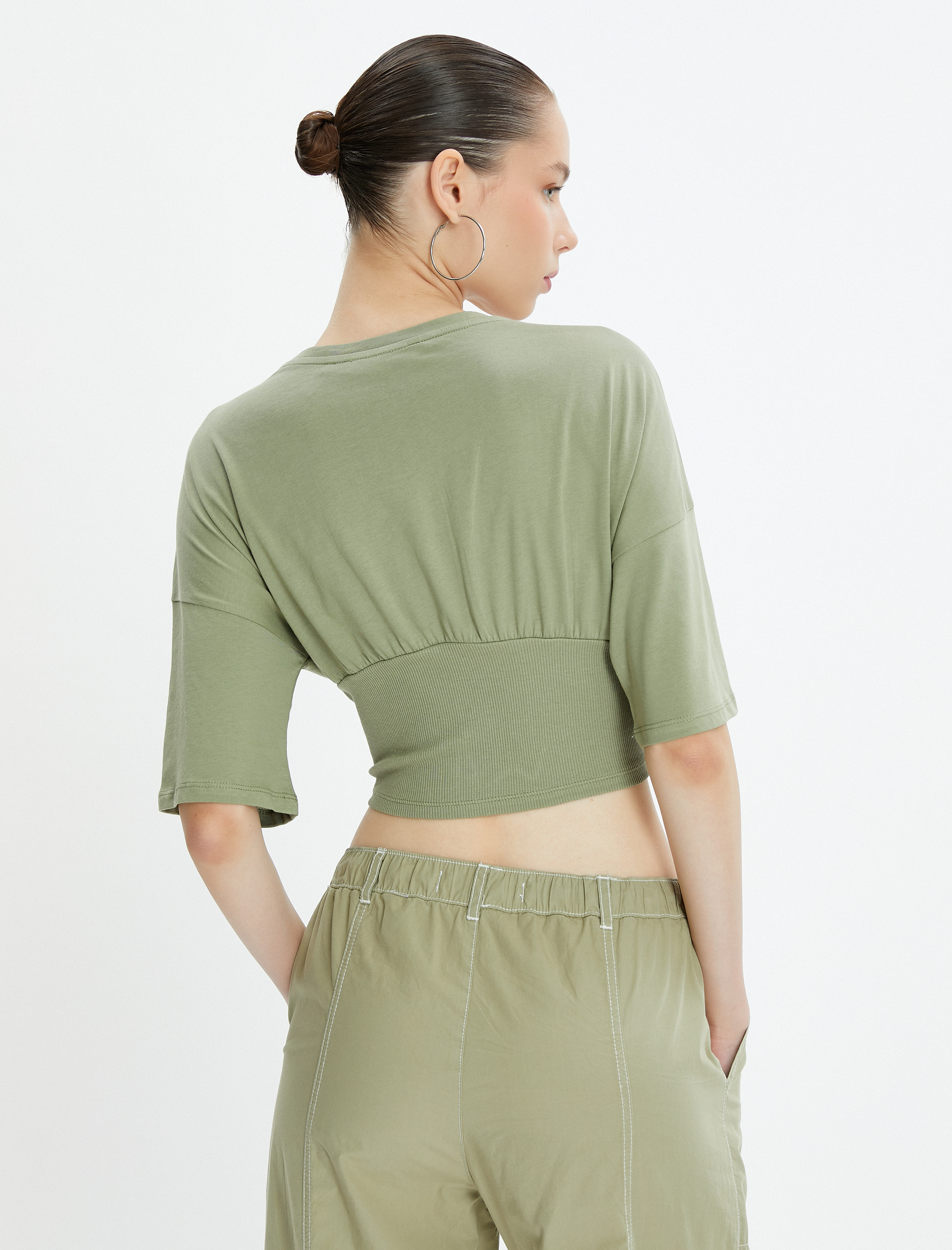   Korse Detaylı Tişört Kısa Kollu Bisiklet Yaka Pamuklu Baskılı