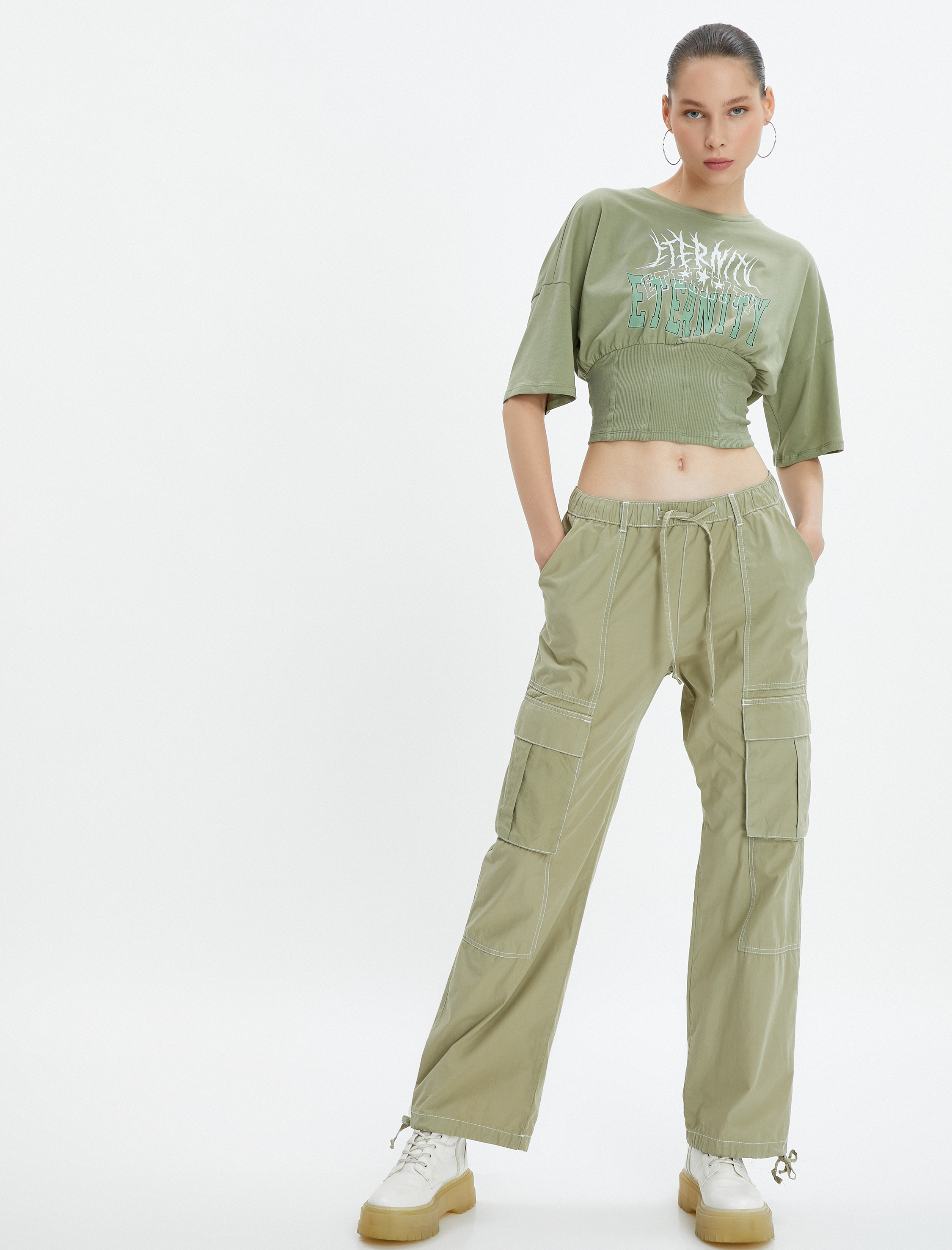   Korse Detaylı Tişört Kısa Kollu Bisiklet Yaka Pamuklu Baskılı