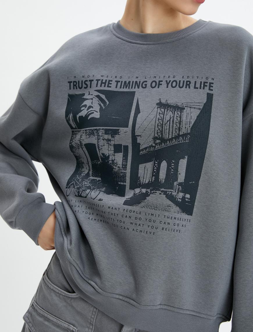   Baskılı Sweatshirt Şardonlu Uzun Kollu Bisiklet Yaka