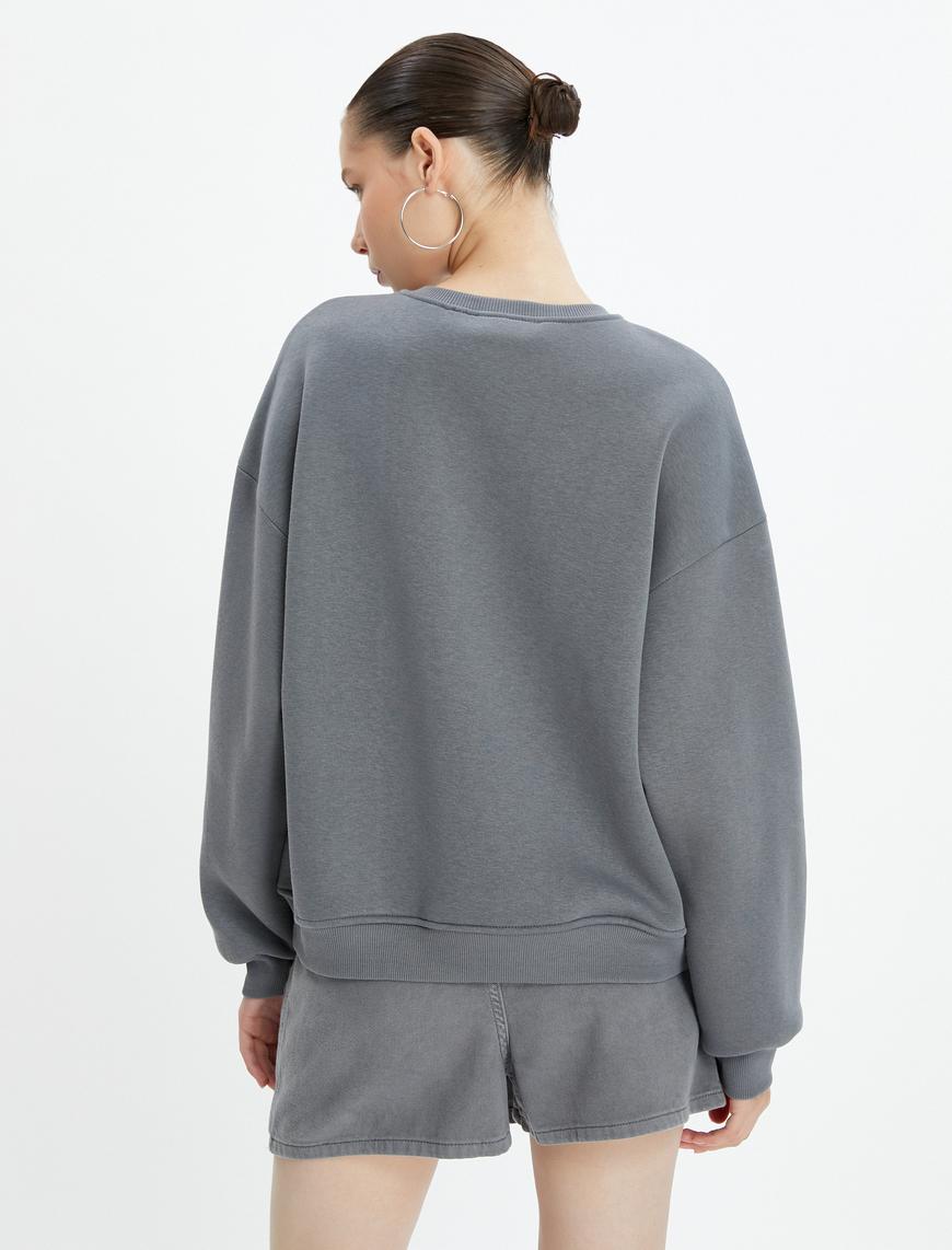   Baskılı Sweatshirt Şardonlu Uzun Kollu Bisiklet Yaka
