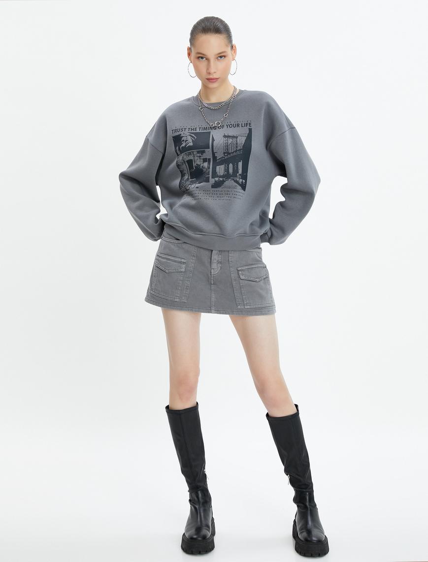   Baskılı Sweatshirt Şardonlu Uzun Kollu Bisiklet Yaka