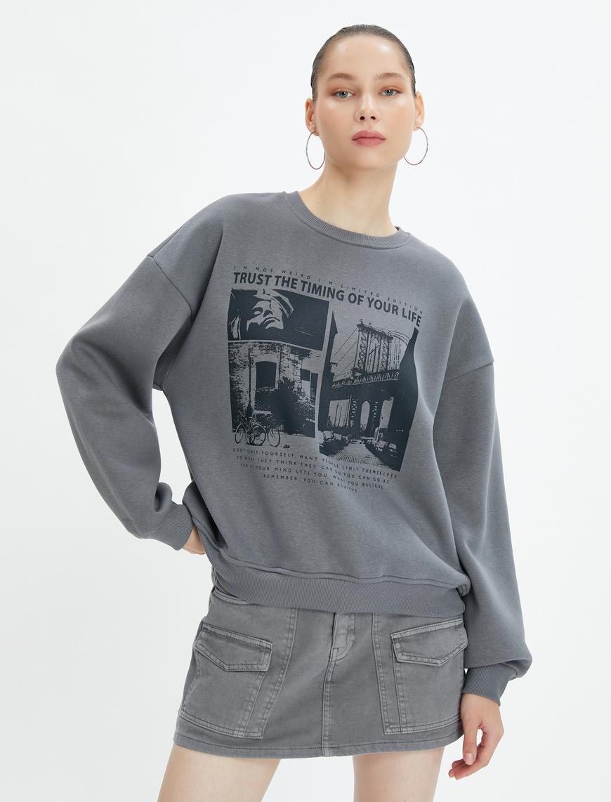   Baskılı Sweatshirt Şardonlu Uzun Kollu Bisiklet Yaka