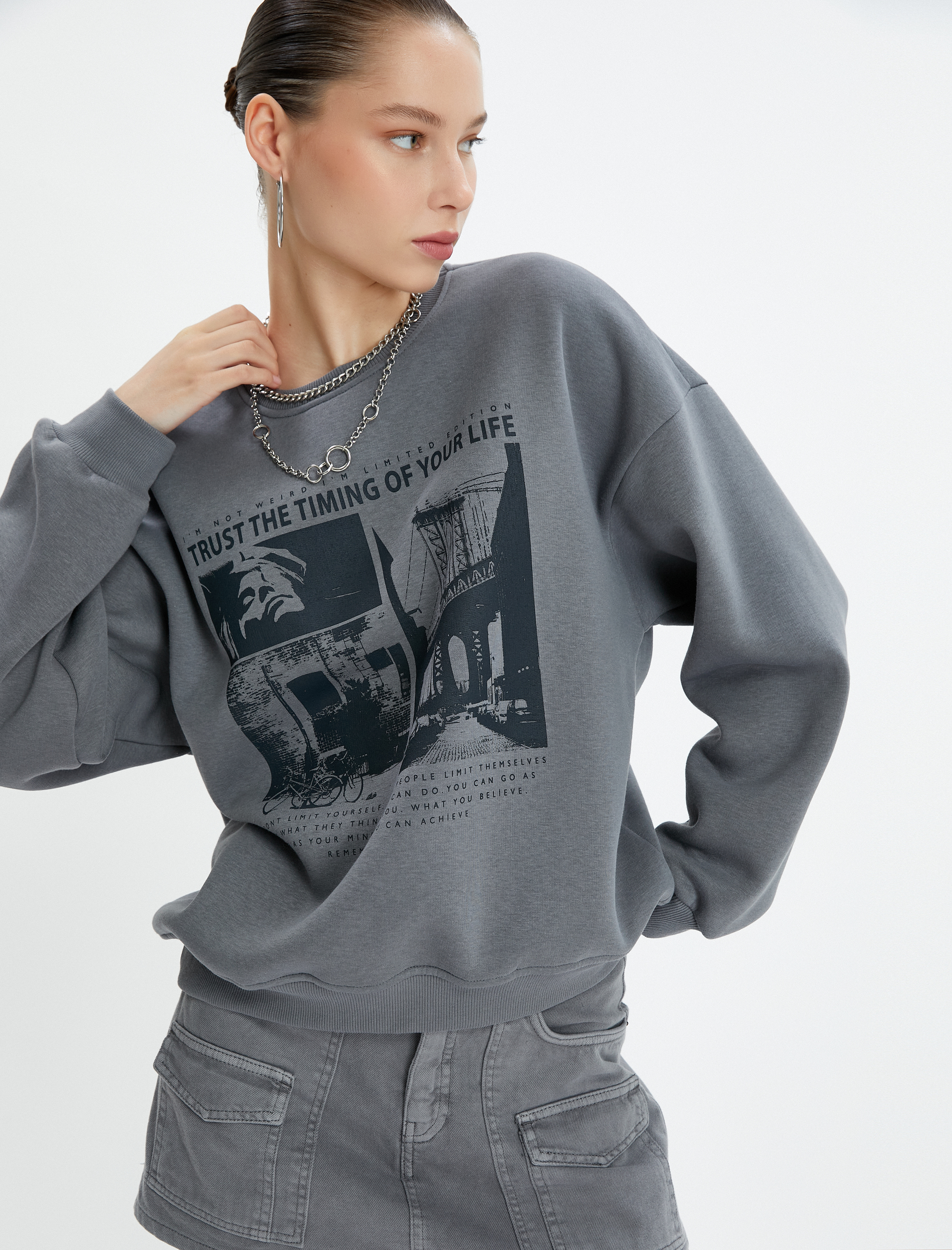   Baskılı Sweatshirt Şardonlu Uzun Kollu Bisiklet Yaka