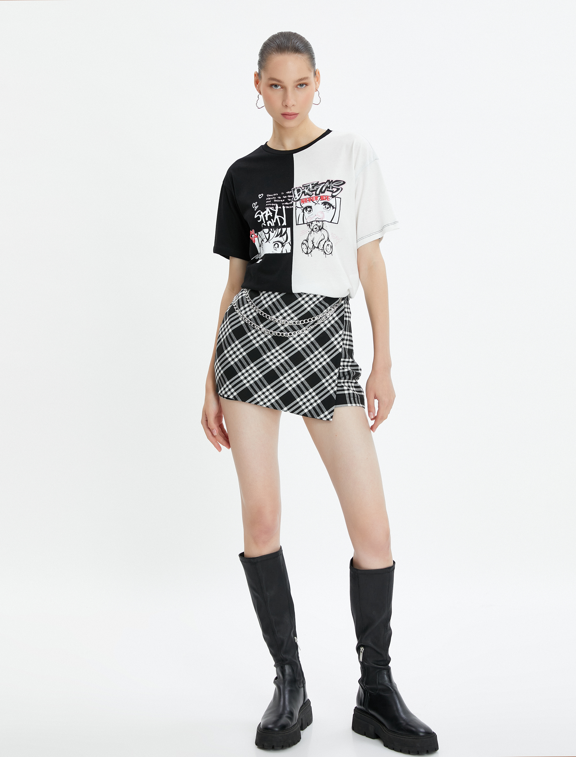   Anime Tişört Renk Bloklu Kısa Kollu Bisiklet Yaka Pamuklu