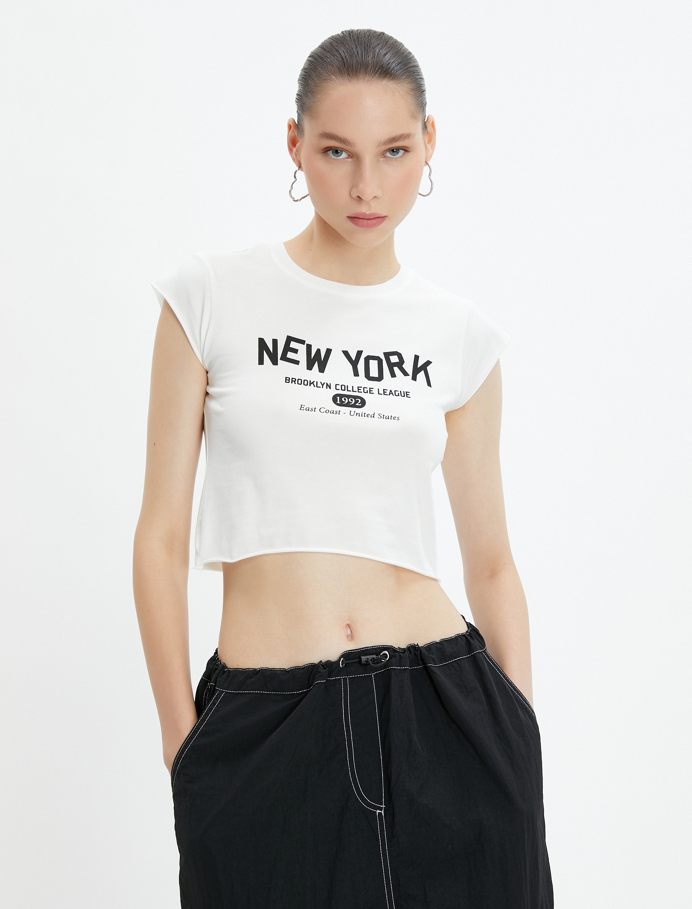   Crop New York Tişört Kolsuz Bisiklet Yaka Pamuklu