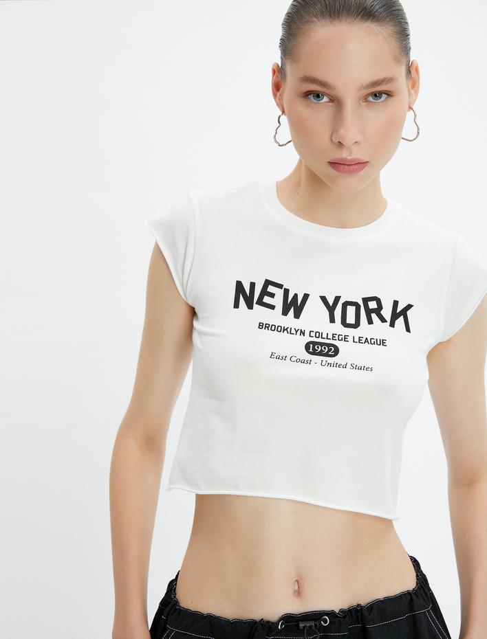  Crop New York Tişört Kolsuz Bisiklet Yaka Pamuklu