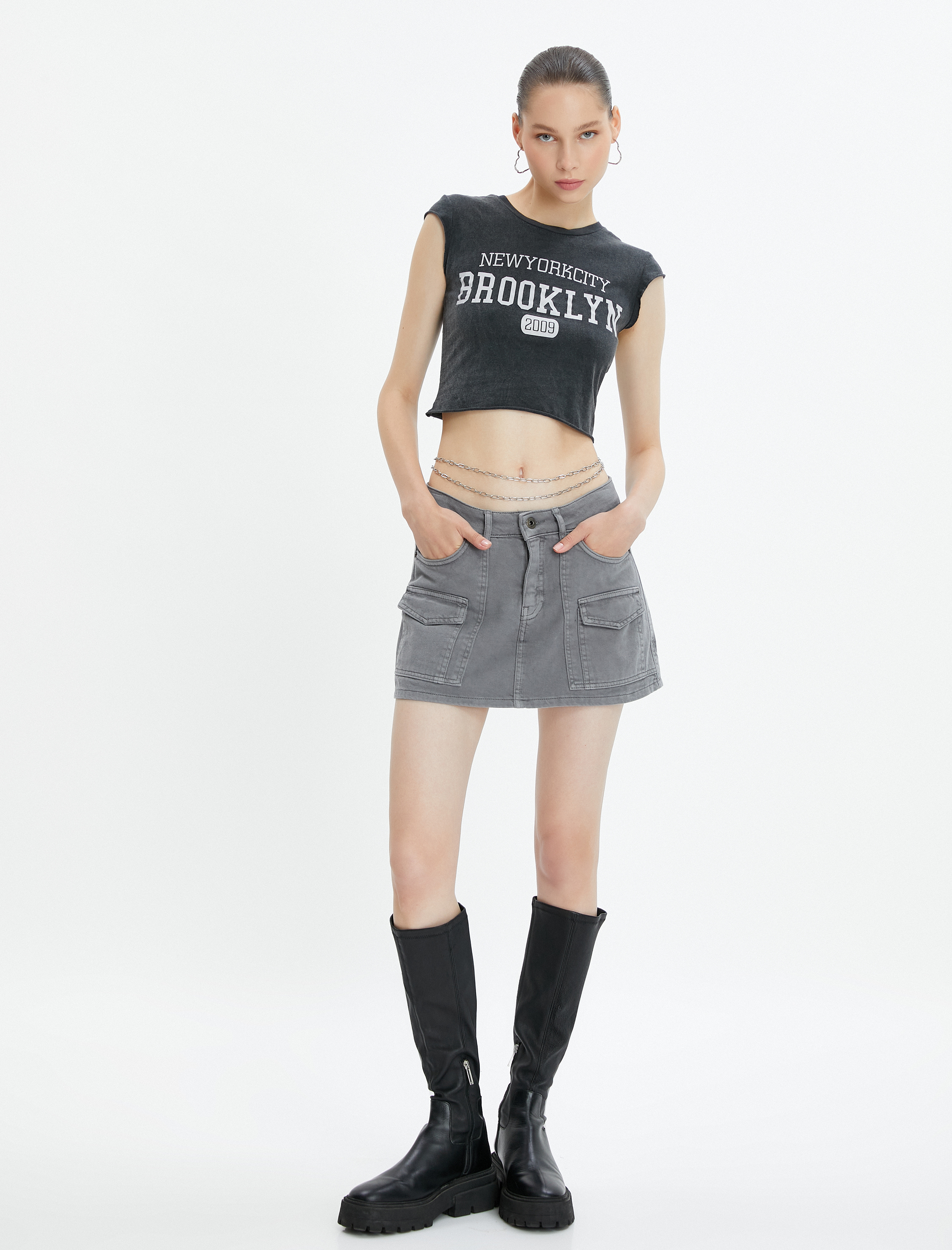   Crop Kolsuz Tişört Rahat Kesim Bisiklet Yaka Baskılı Pamuklu