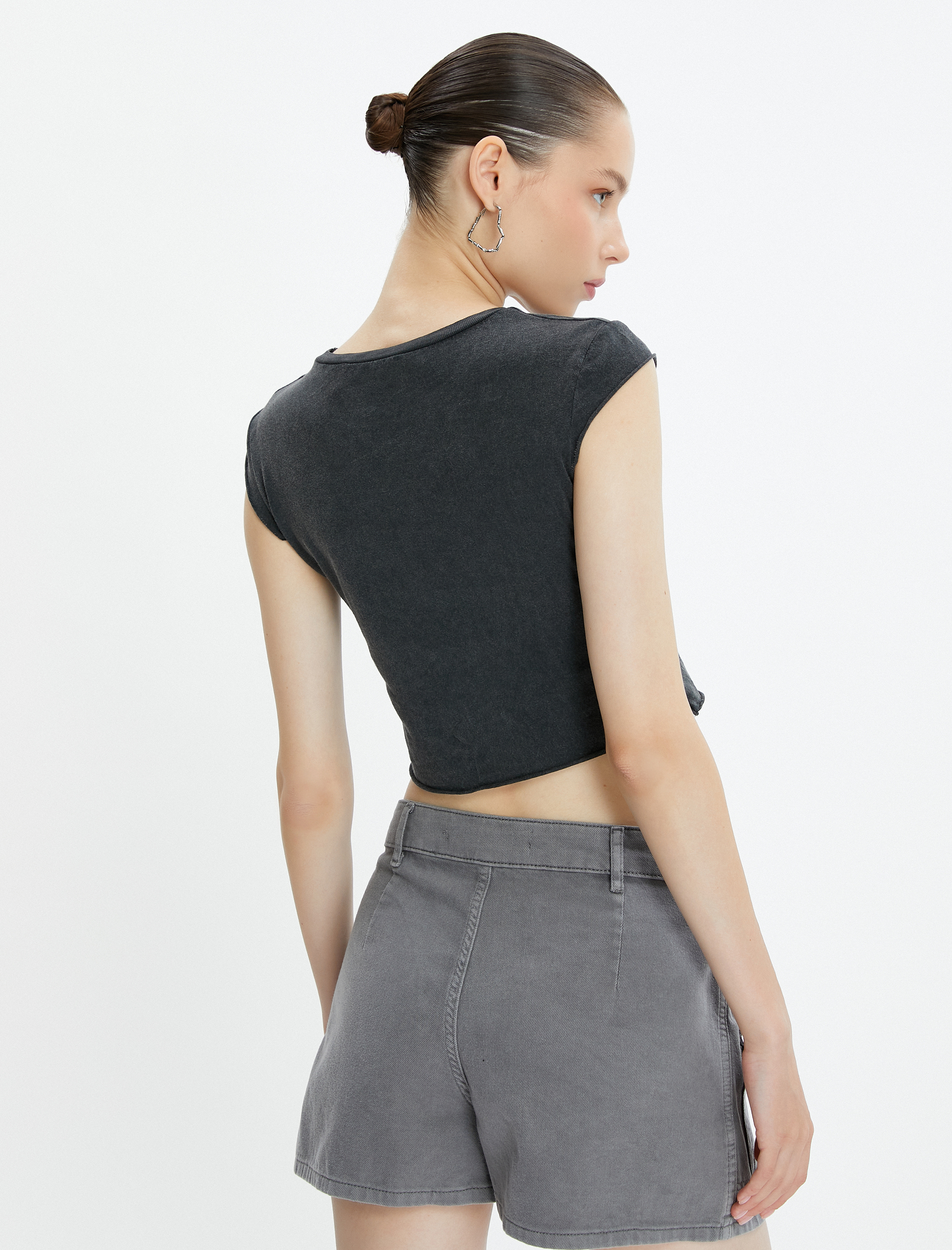   Crop Kolsuz Tişört Rahat Kesim Bisiklet Yaka Baskılı Pamuklu