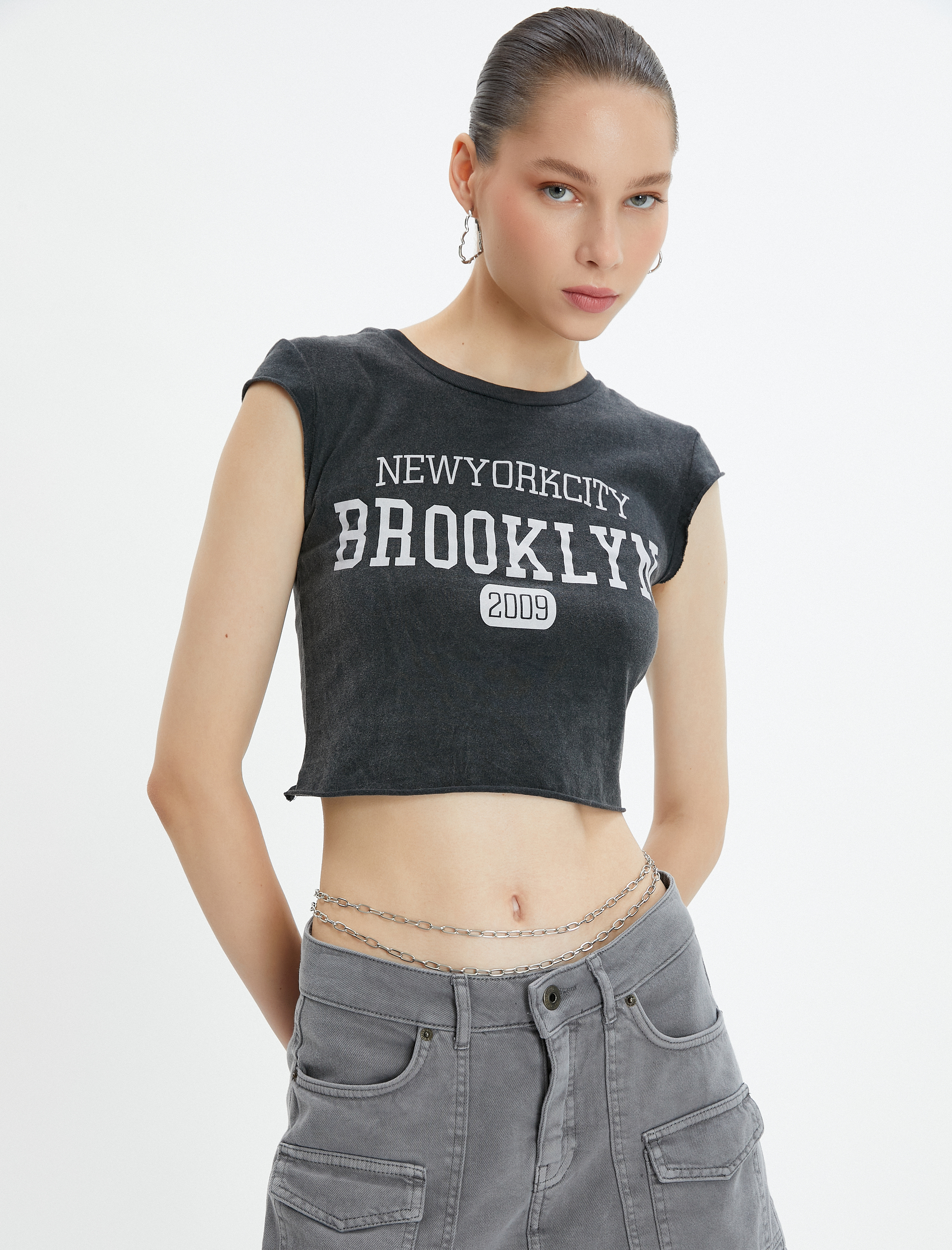   Crop Kolsuz Tişört Rahat Kesim Bisiklet Yaka Baskılı Pamuklu