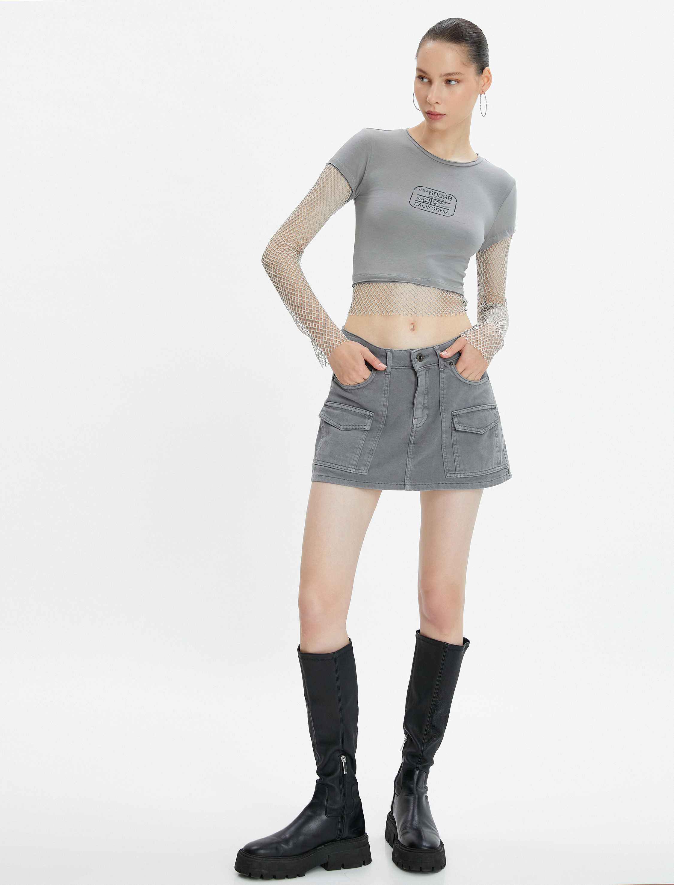   Crop Tişört File Detaylı Kısa Kollu Bisiklet Yaka Pamuklu