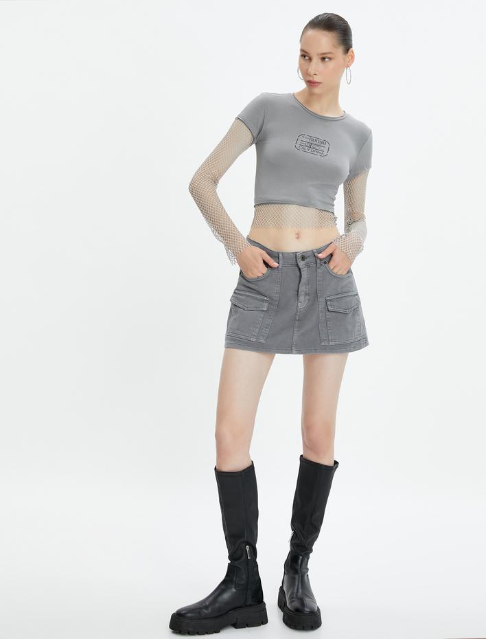  Crop Tişört File Detaylı Kısa Kollu Bisiklet Yaka Pamuklu