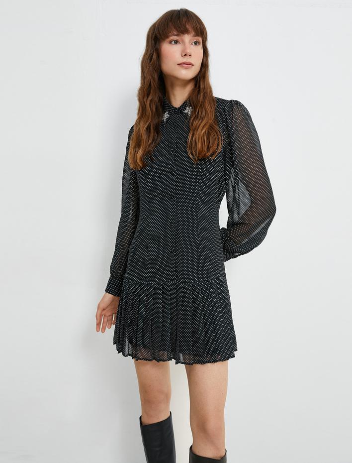  Şifon Puantiyeli Elbise Eteği Pileli Balon Kollu Aksesuarlı