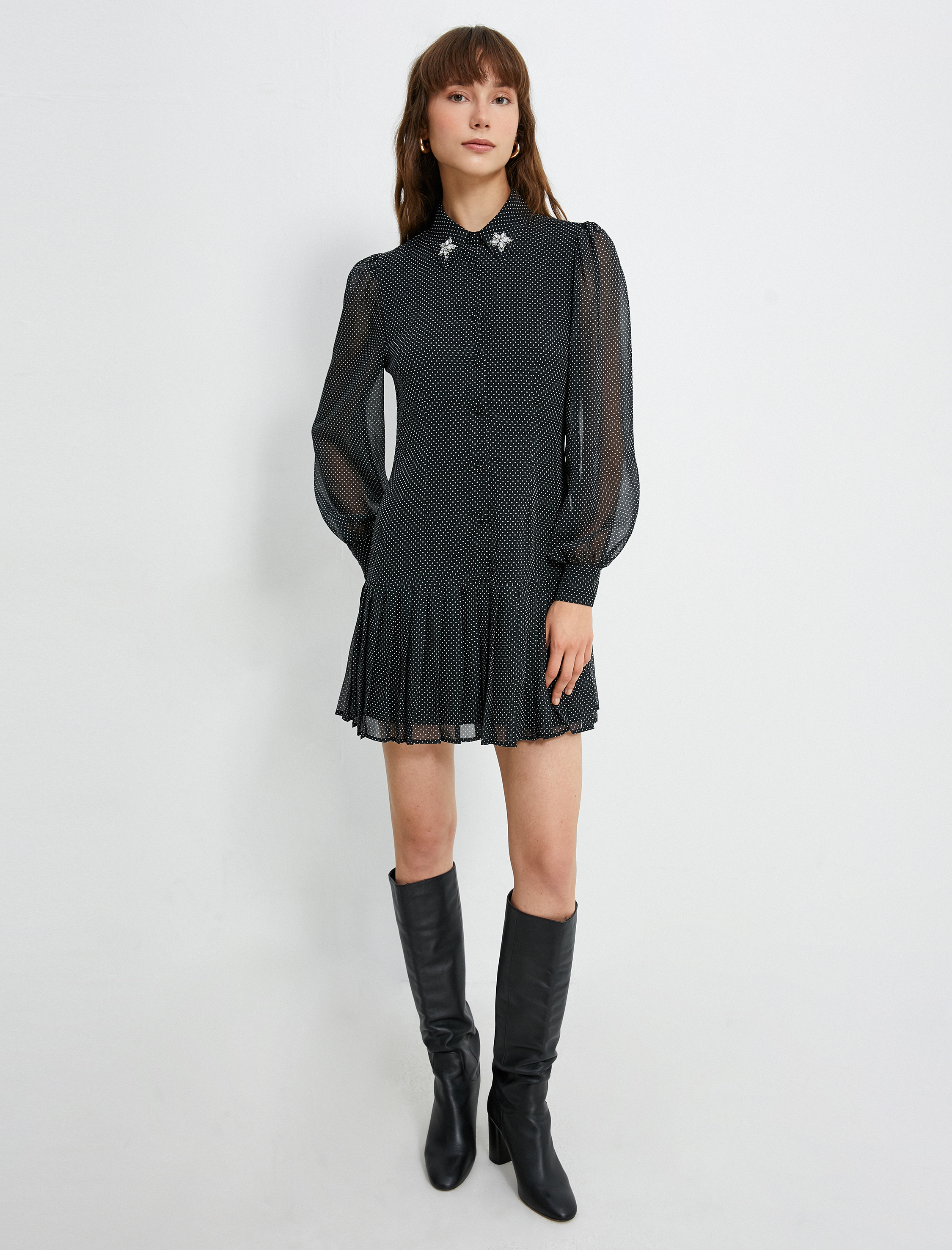   Şifon Puantiyeli Elbise Eteği Pileli Balon Kollu Aksesuarlı