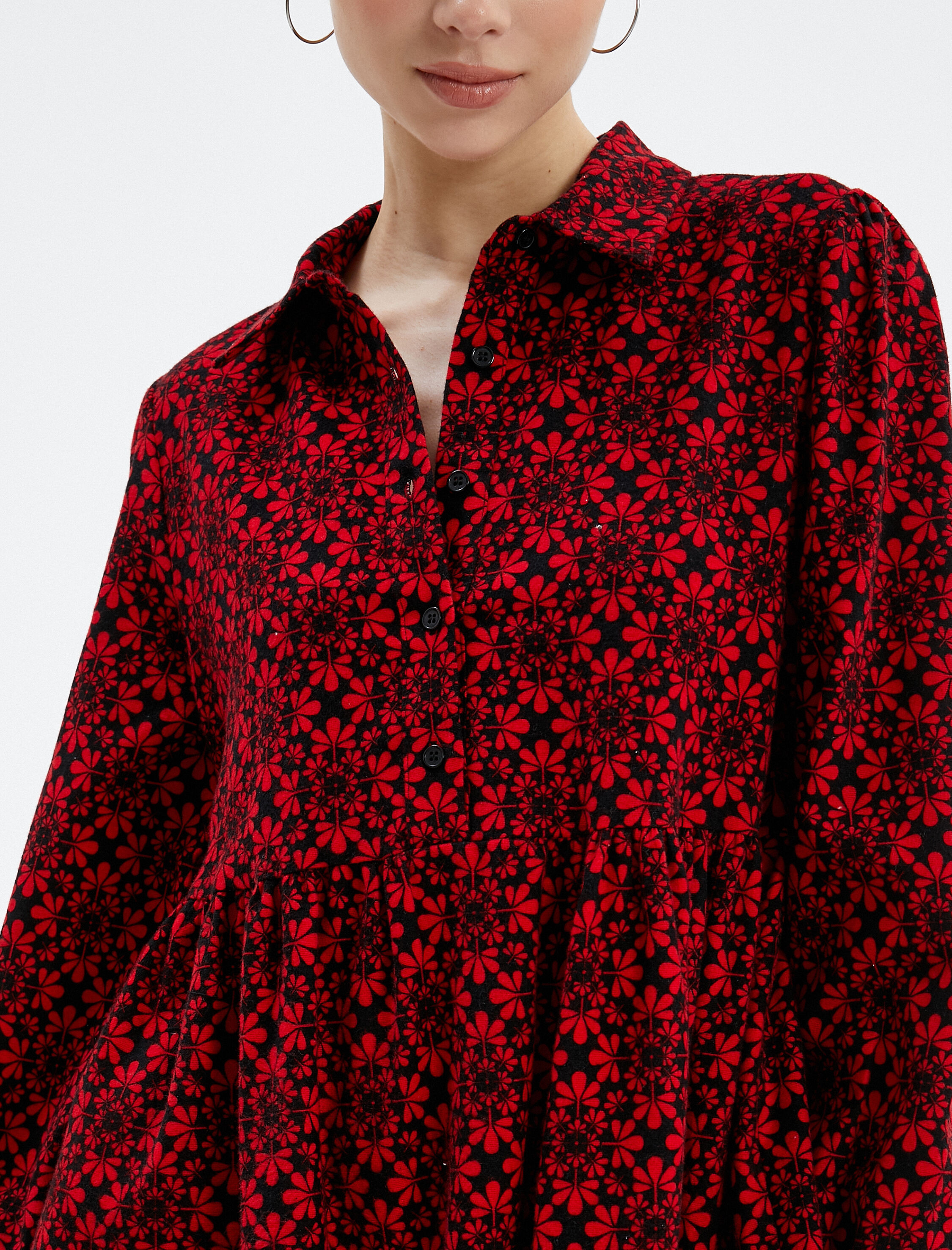   Uzun Kollu Çiçekli Mini Elbise Gömlek Yaka Düğme Detaylı Katlı