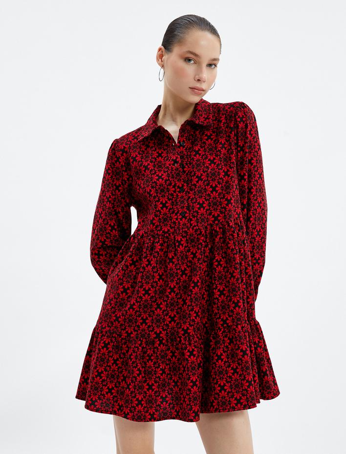  Uzun Kollu Çiçekli Mini Elbise Gömlek Yaka Düğme Detaylı Katlı