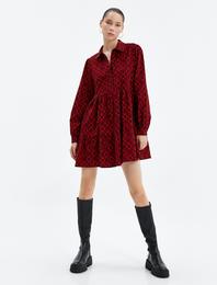 Uzun Kollu Çiçekli Mini Elbise Gömlek Yaka Düğme Detaylı Katlı