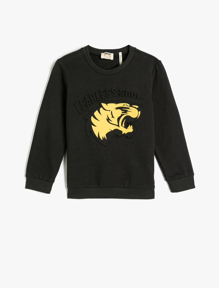 Erkek Çocuk Sweatshirt Kaplan Baskılı Kabartma Detaylı Şardonlu Bisiklet Yaka