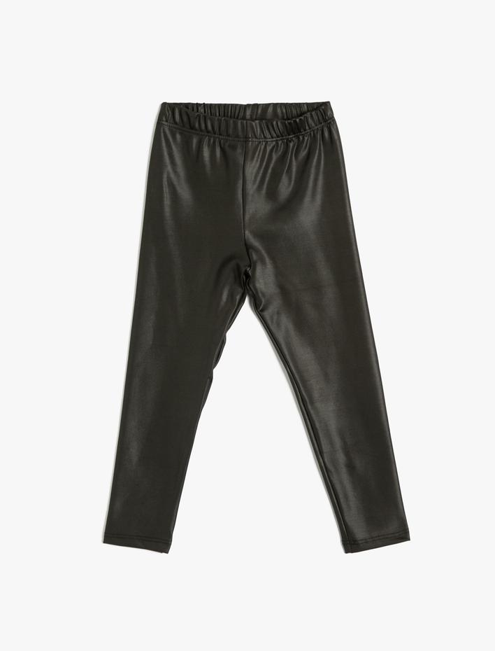 Kız Çocuk Deri Görünümlü Tayt Beli Lastikli