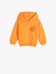 Kapşonlu Sweatshirt Kanguru Cepli Baskı Detaylı Uzun Kollu Şardonlu Pamuklu