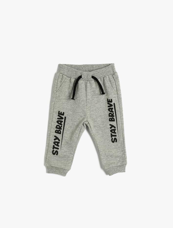 Erkek Bebek Jogger Eşofman Altı Yazı Baskılı Beli Bağlamalı Cepli Şardonlu