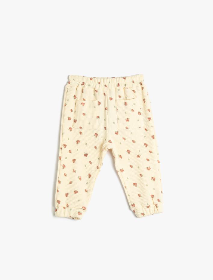 Kız Bebek Çiçekli Jogger Eşofman Altı Dokulu Beli Lastikli Pamuklu
