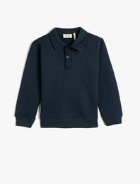 Polo Yaka Sweatshirt Düğme Detaylı Uzun Kollu Şardonlu Pamuklu