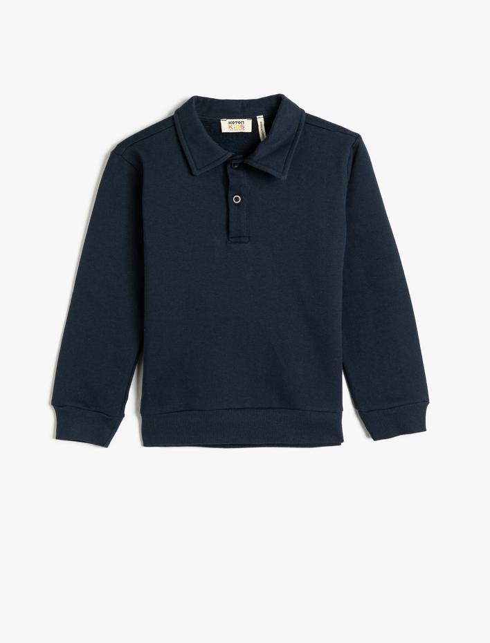 Erkek Çocuk Polo Yaka Sweatshirt Düğme Detaylı Uzun Kollu Şardonlu Pamuklu