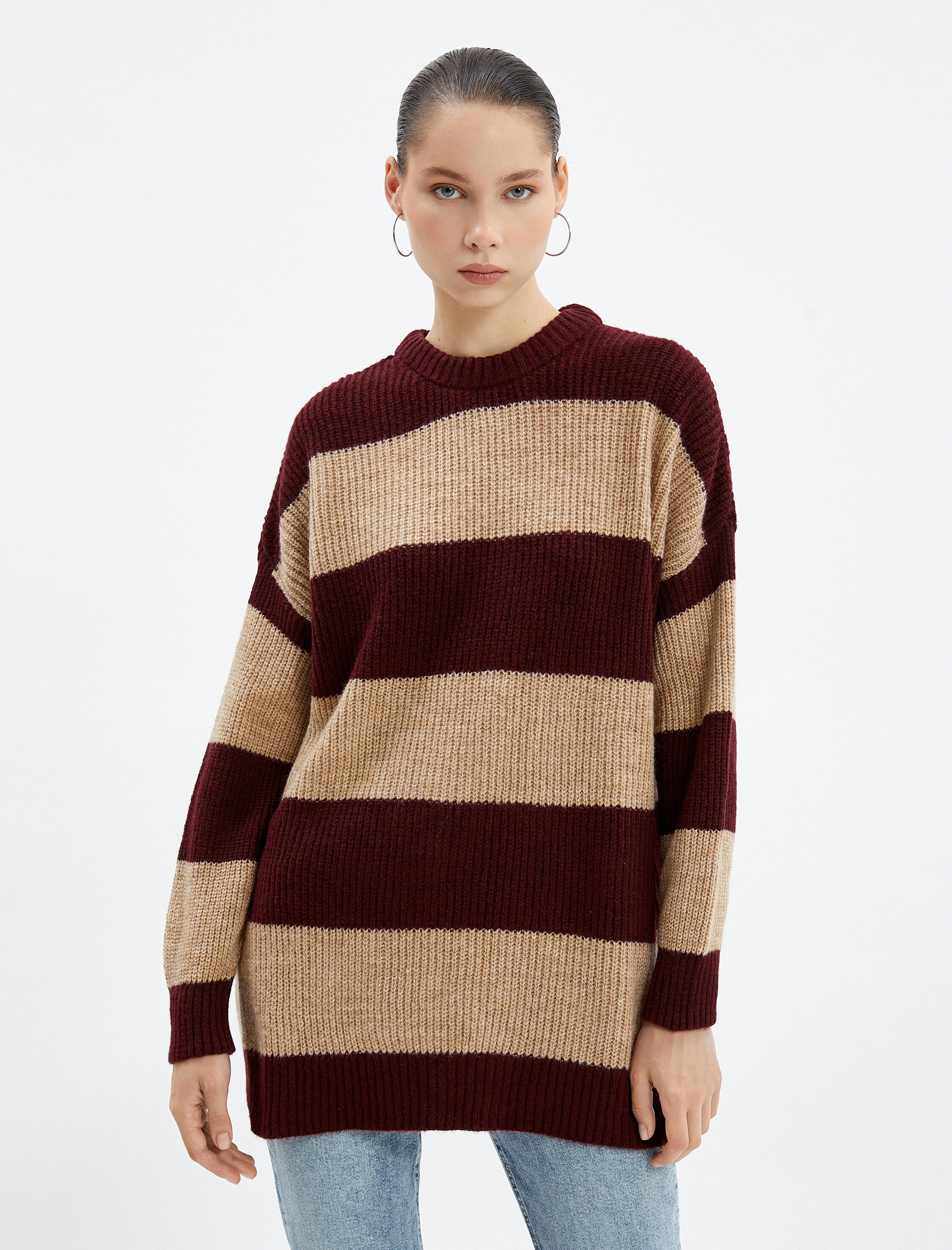   Uzun Örgü Kazak Triko Uzun Kollu Bisiklet Yaka