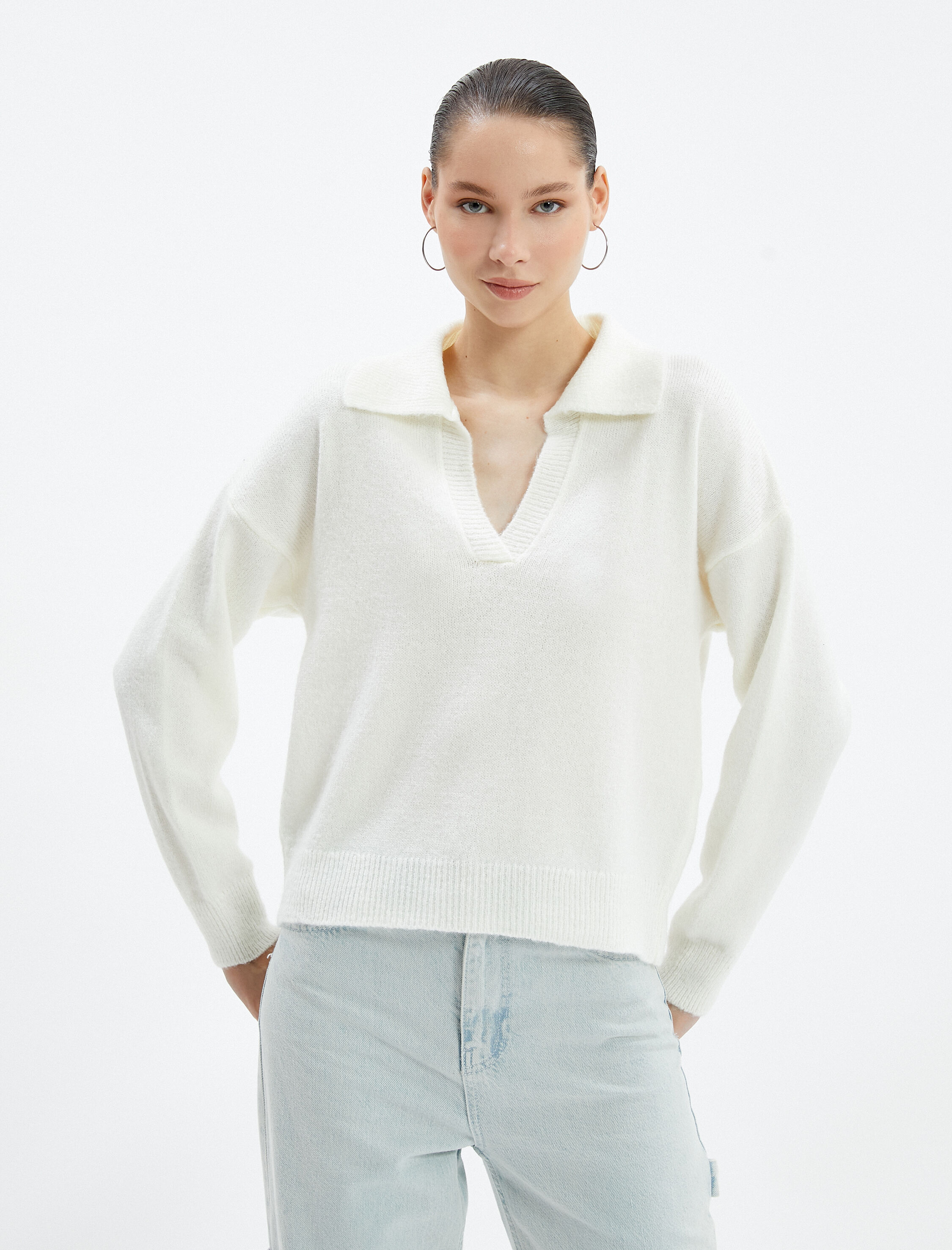   Polo Yaka Triko Kazak Rahat Kesim Uzun Kollu Yumuşak Dokulu