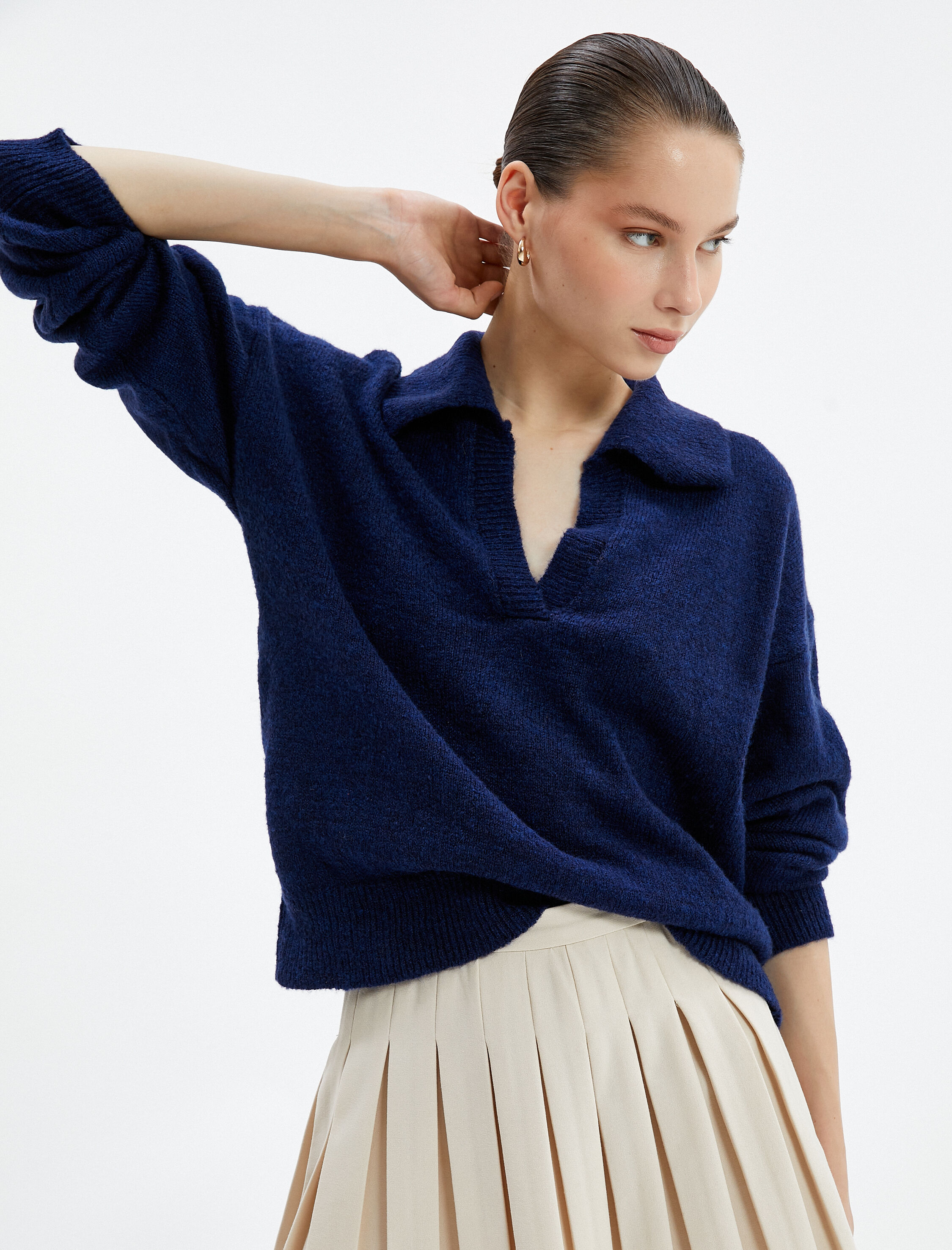   Polo Yaka Triko Kazak Rahat Kesim Uzun Kollu Yumuşak Dokulu