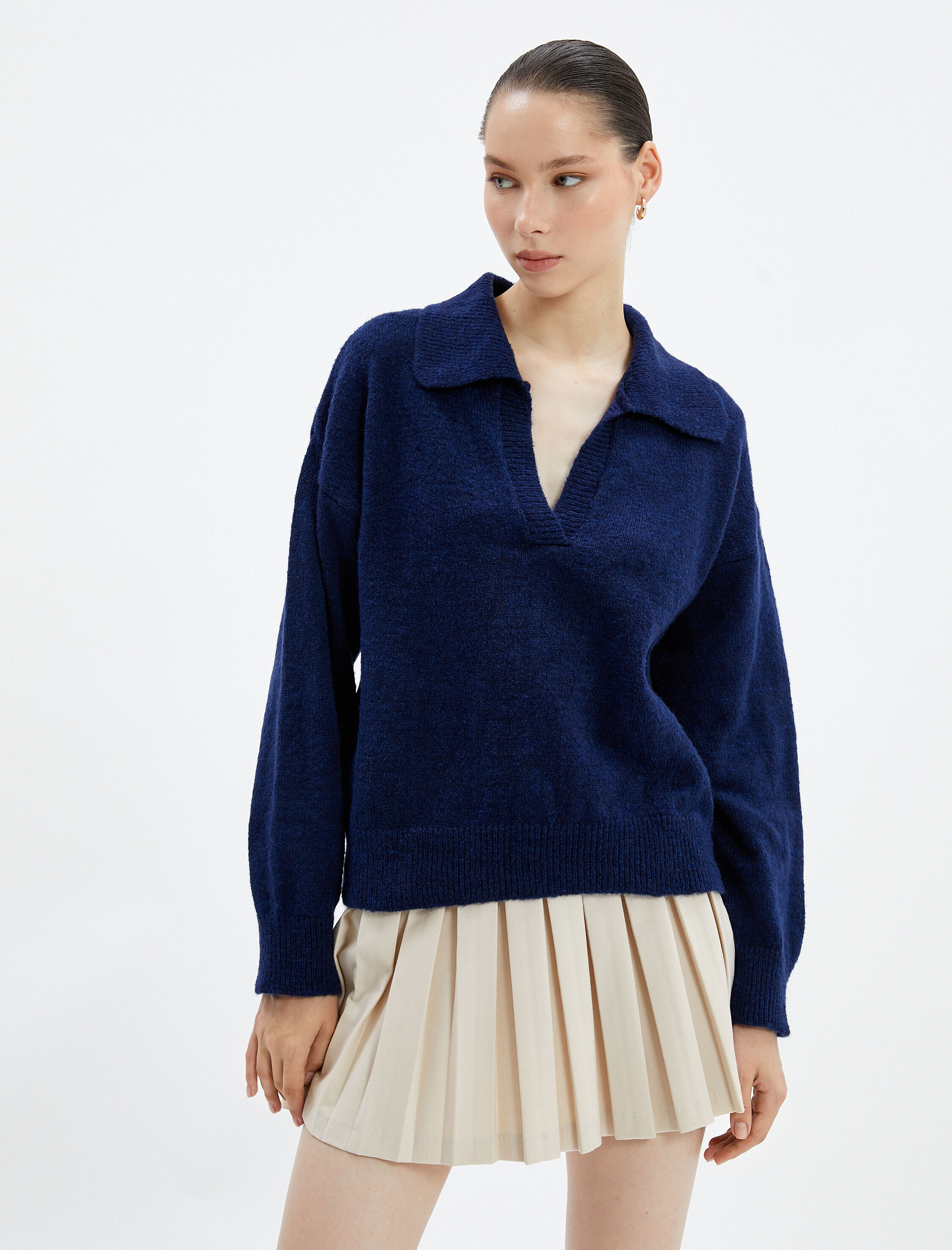   Polo Yaka Triko Kazak Rahat Kesim Uzun Kollu Yumuşak Dokulu