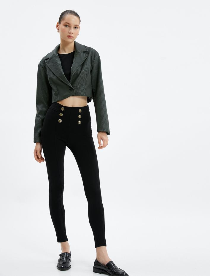  Tayt Pantolon Düğmeli Yüksek Bel Rayon Kumaş