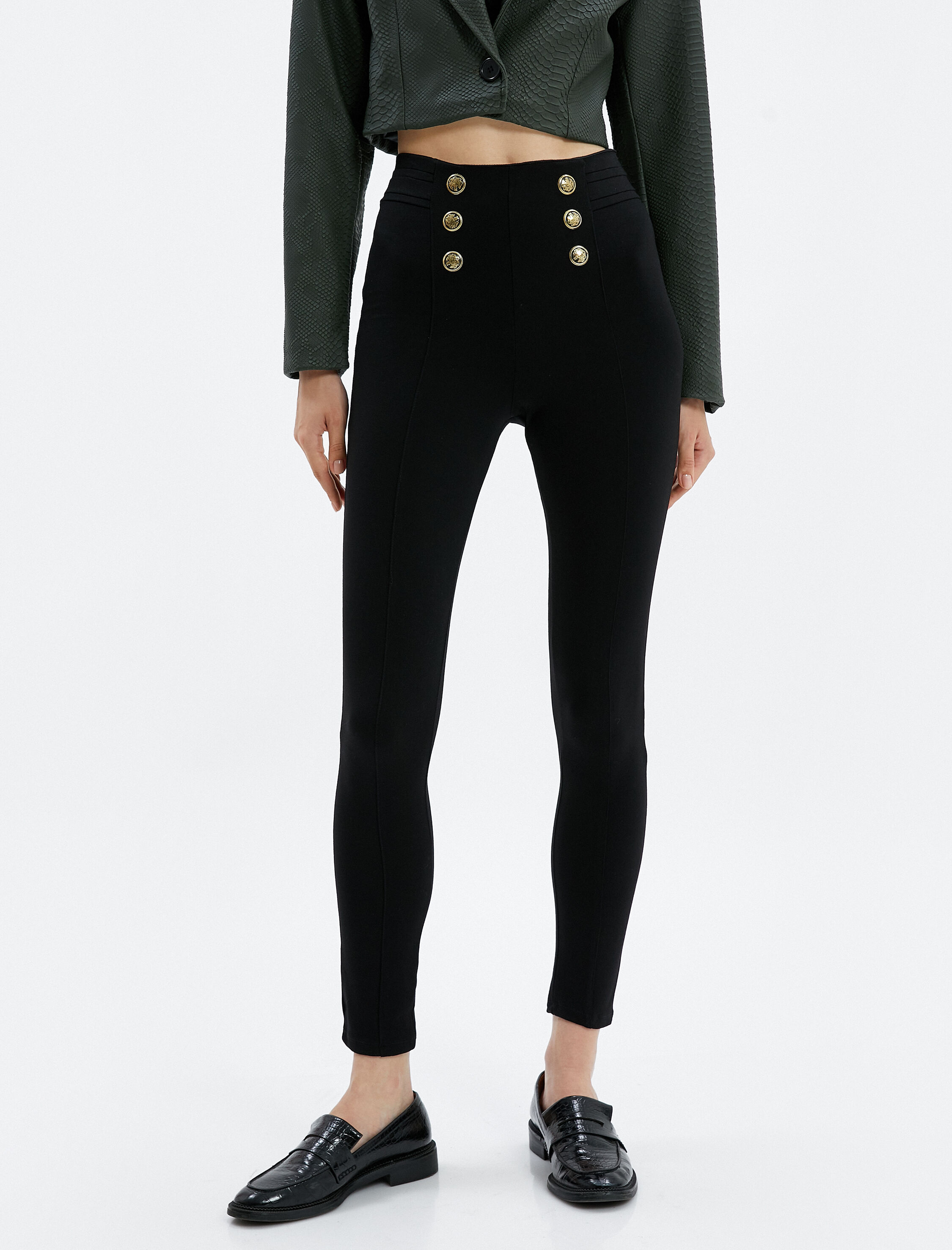   Tayt Pantolon Düğmeli Yüksek Bel Rayon Kumaş