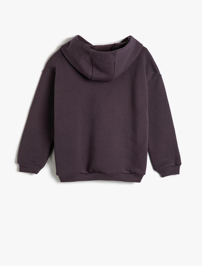 Kız Çocuk Kapşonlu Sweatshirt Simli Baskı Detaylı Uzun Kollu Şardonlu