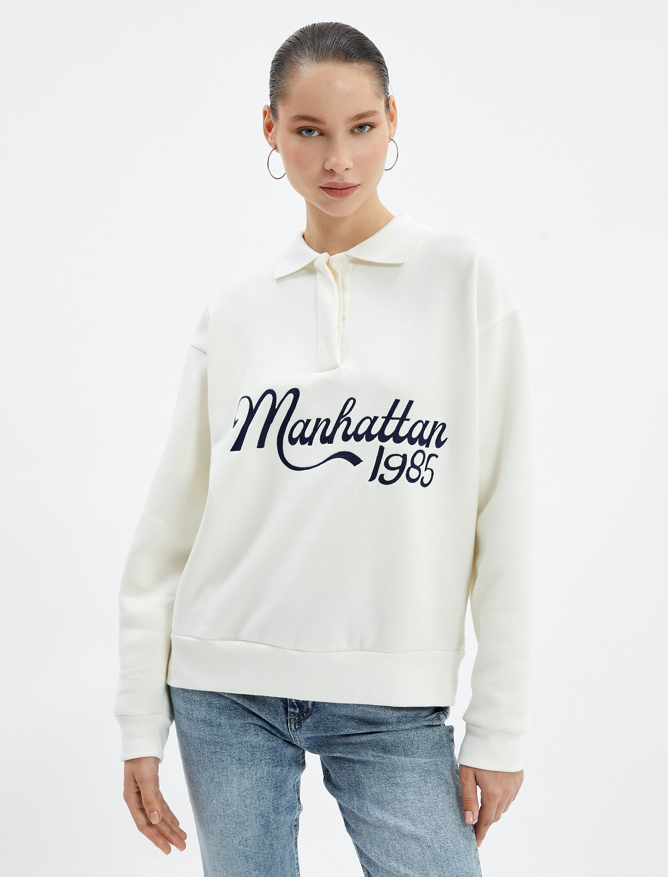   Polo Yaka Sweatshirt Şardonlu Kolej Temalı Baskılı