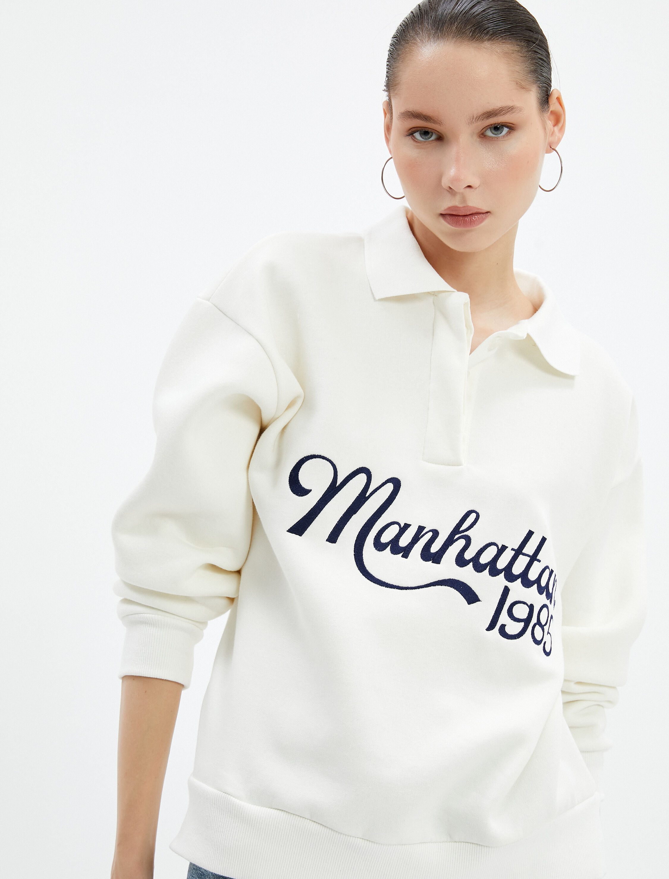   Polo Yaka Sweatshirt Şardonlu Kolej Temalı Baskılı