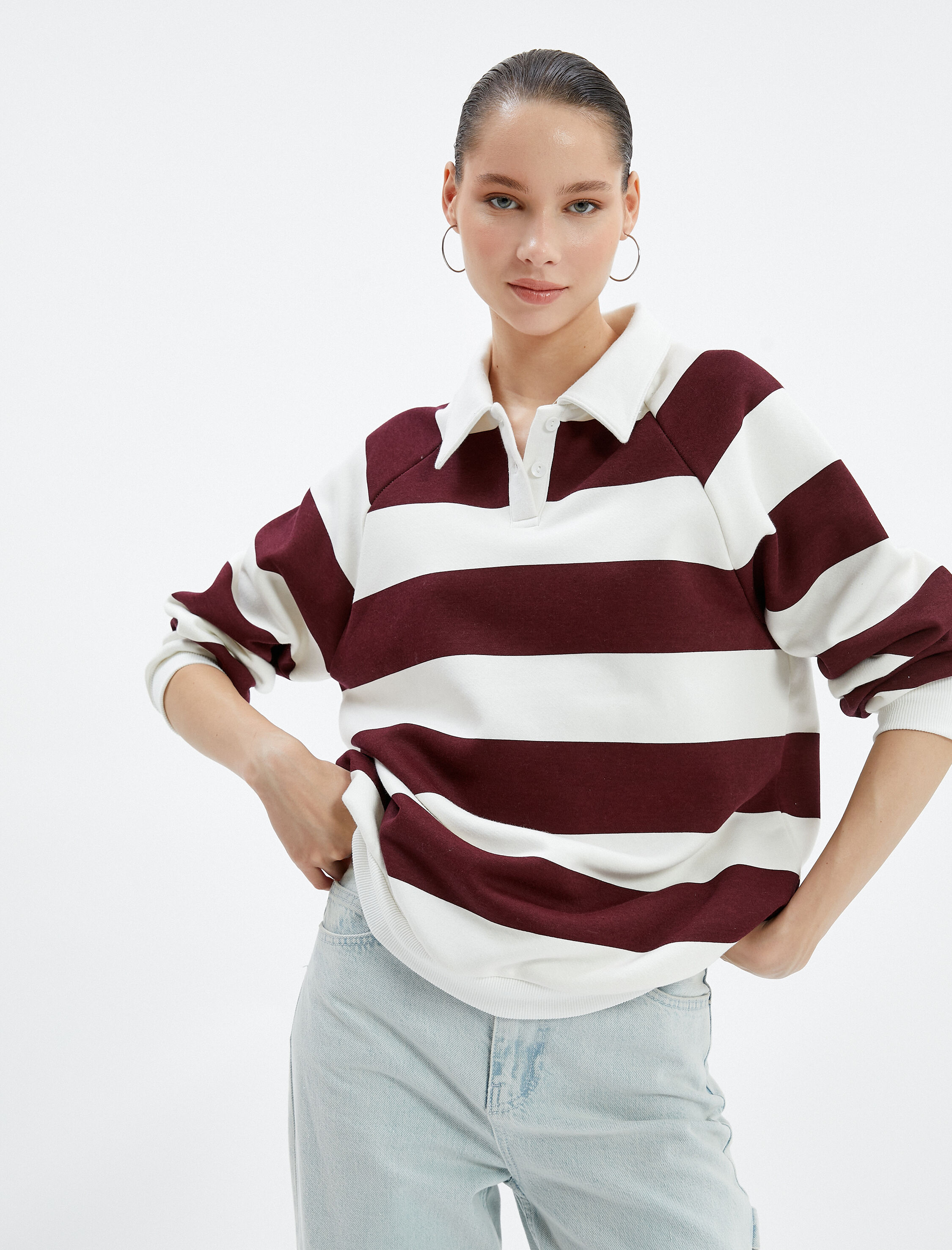   Polo Yaka Sweatshirt Şardonlu Uzun Kollu