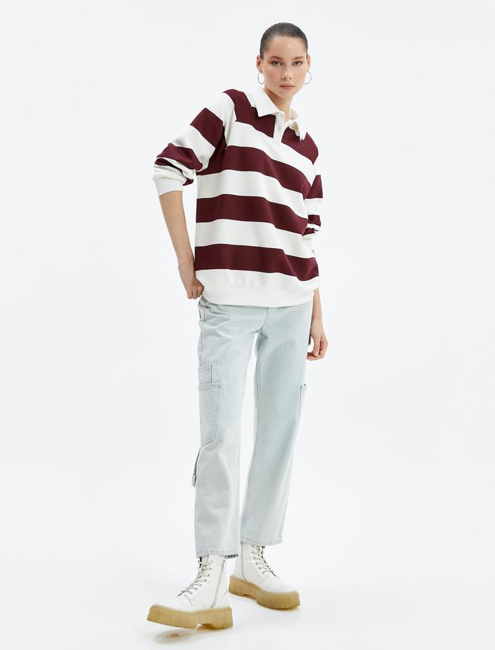  Polo Yaka Sweatshirt Şardonlu Uzun Kollu