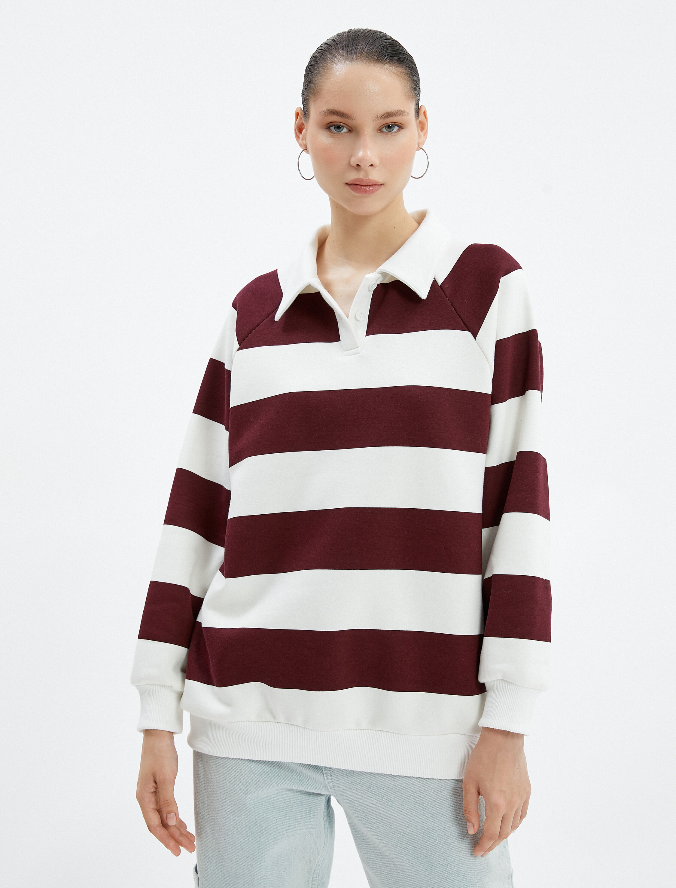   Polo Yaka Sweatshirt Şardonlu Uzun Kollu