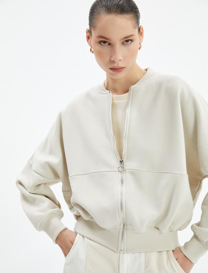  Şardonlu Fermuarlı Sweatshirt Yuvarlak Yaka Dökümlü Uzun Kol Rahat Kesim