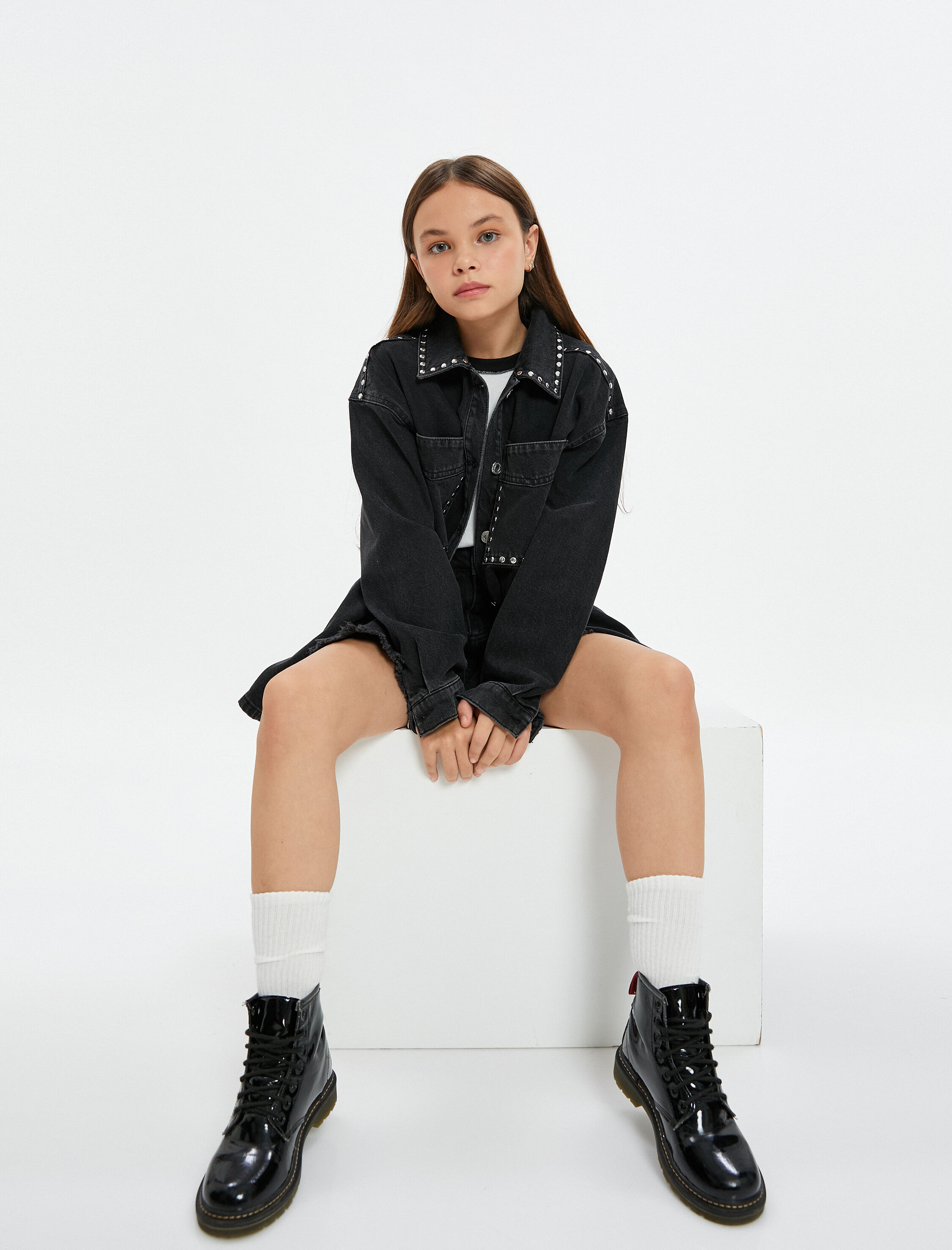  Kız Çocuk Ceket Pul Baskılı Cep Detaylı Düğme Kapamalı Pamuklu