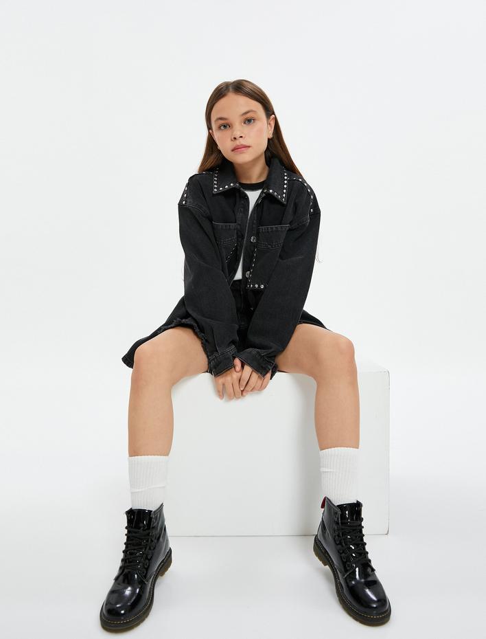 Kız Çocuk Ceket Pul Baskılı Cep Detaylı Düğme Kapamalı Pamuklu