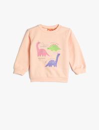 Dinozorlu Sweatshirt Uzun Kollu Bisiklet Yaka Şardonlu Pamuklu