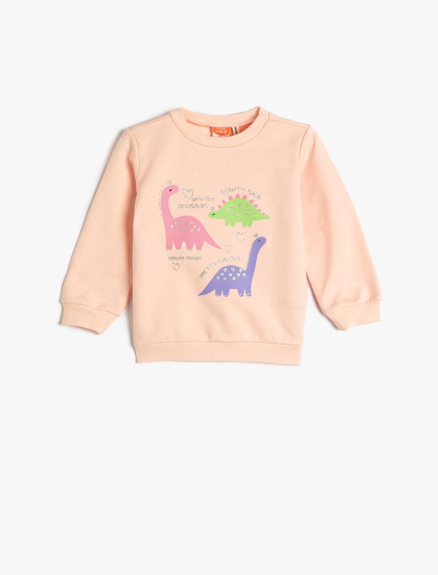  Kız Bebek Dinozorlu Sweatshirt Uzun Kollu Bisiklet Yaka Şardonlu Pamuklu